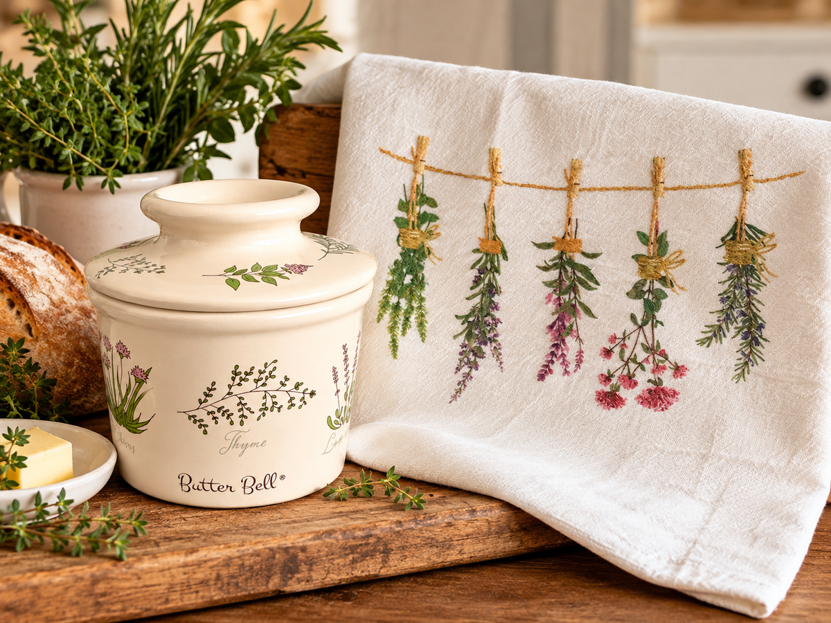 Christmas Gift Set with The Original Butter Bell Crock Chelsea Gardens and Cotton Tea Towel Herbs on a Line