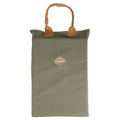 Green tote bag with brown handles and logo on a white background