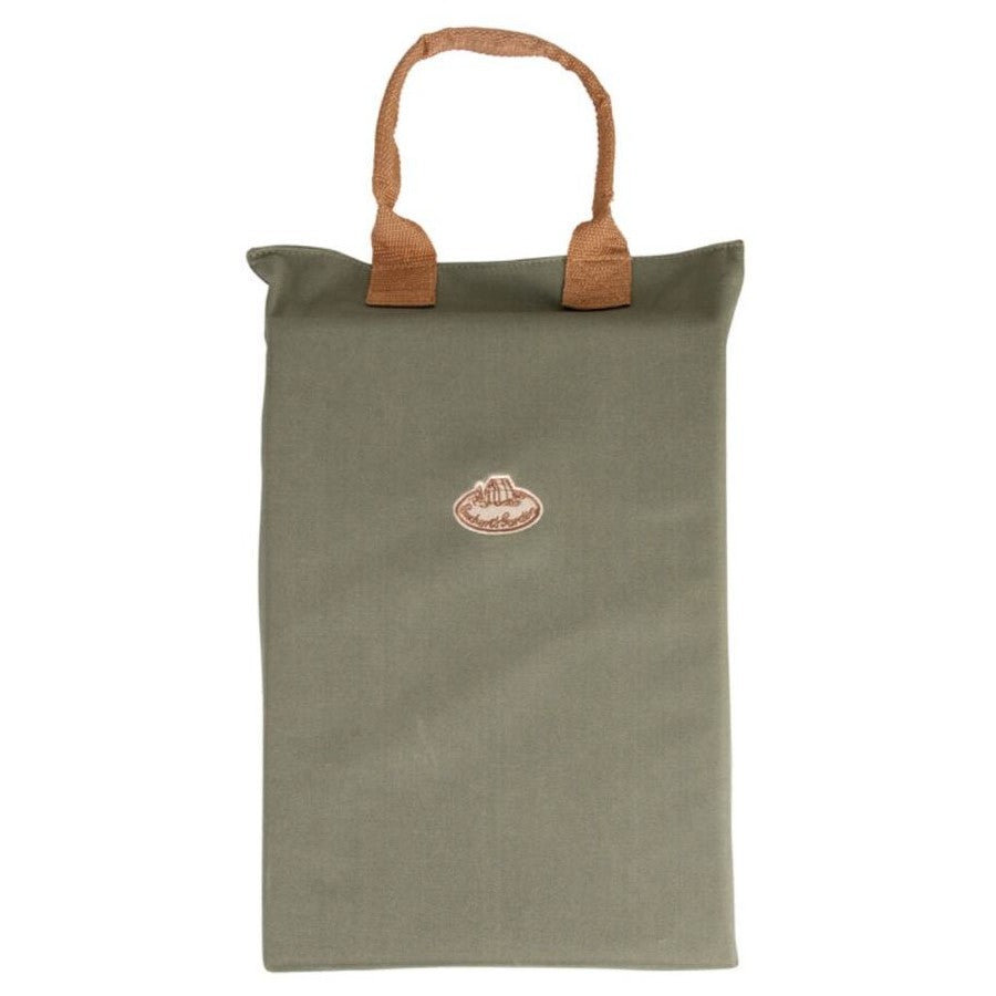 Green tote bag with brown handles and logo on a white background
