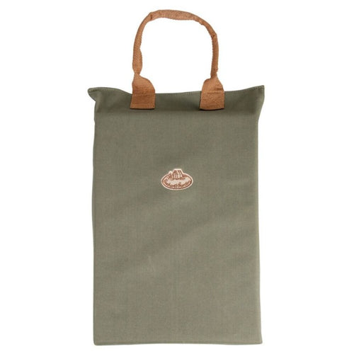 Green tote bag with brown handles and logo on a white background