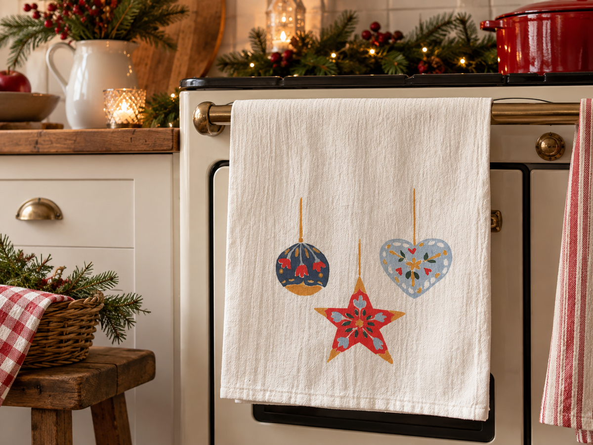 cotton tea towel flour sack style printed with christmas ornaments. the eumundi trading co