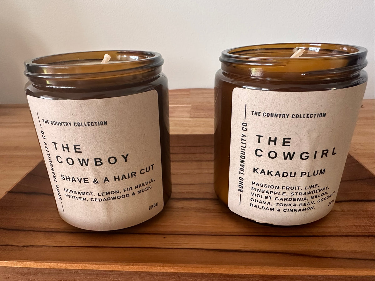 Christmas Gift Set Farmhouse Candles The Cowgirl and The Cowoby. Handmade in Australia. 
