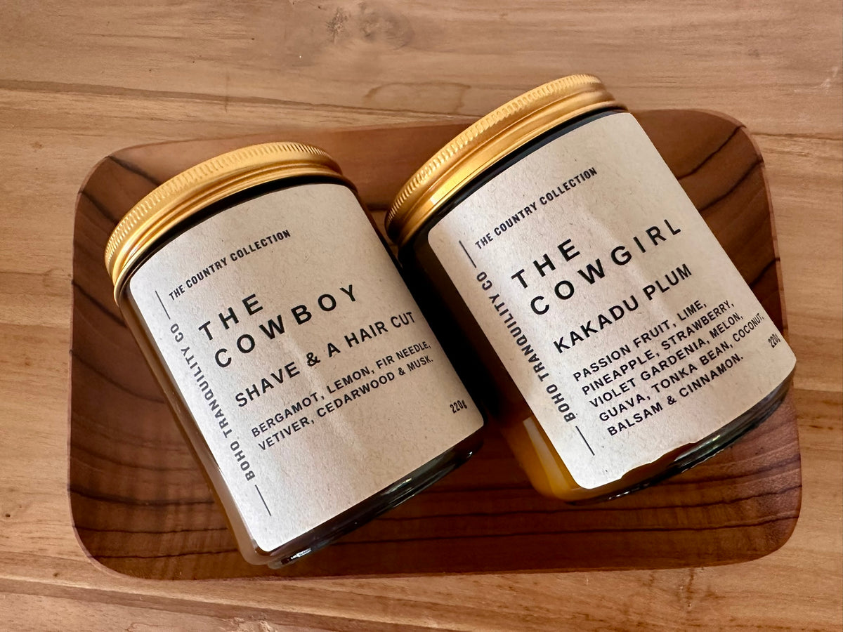 Christmas Gift Set Farmhouse Candles The Cowgirl and The Cowoby. Handmade in Australia. 