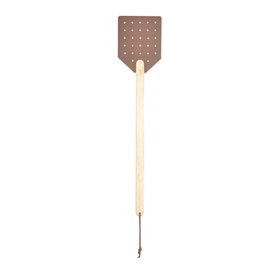 Fly swatter with a brown rubber end and beige handle on a white background