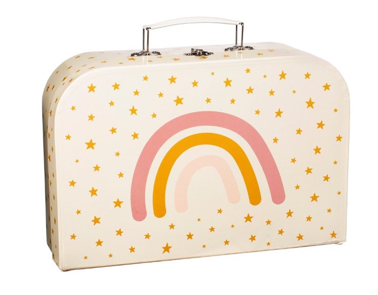 Children's suitcase with rainbow design and star patterns on a white background