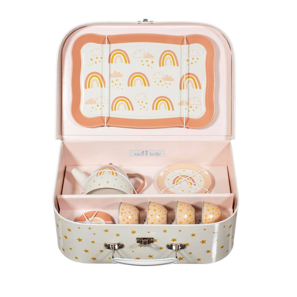 Children's tea set in a pink suitcase with rainbow pattern on a white background