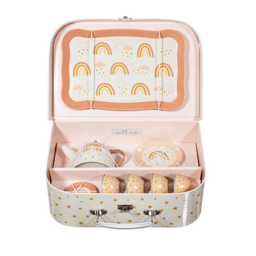 Children's tea set in a pink suitcase with rainbow pattern on a white background