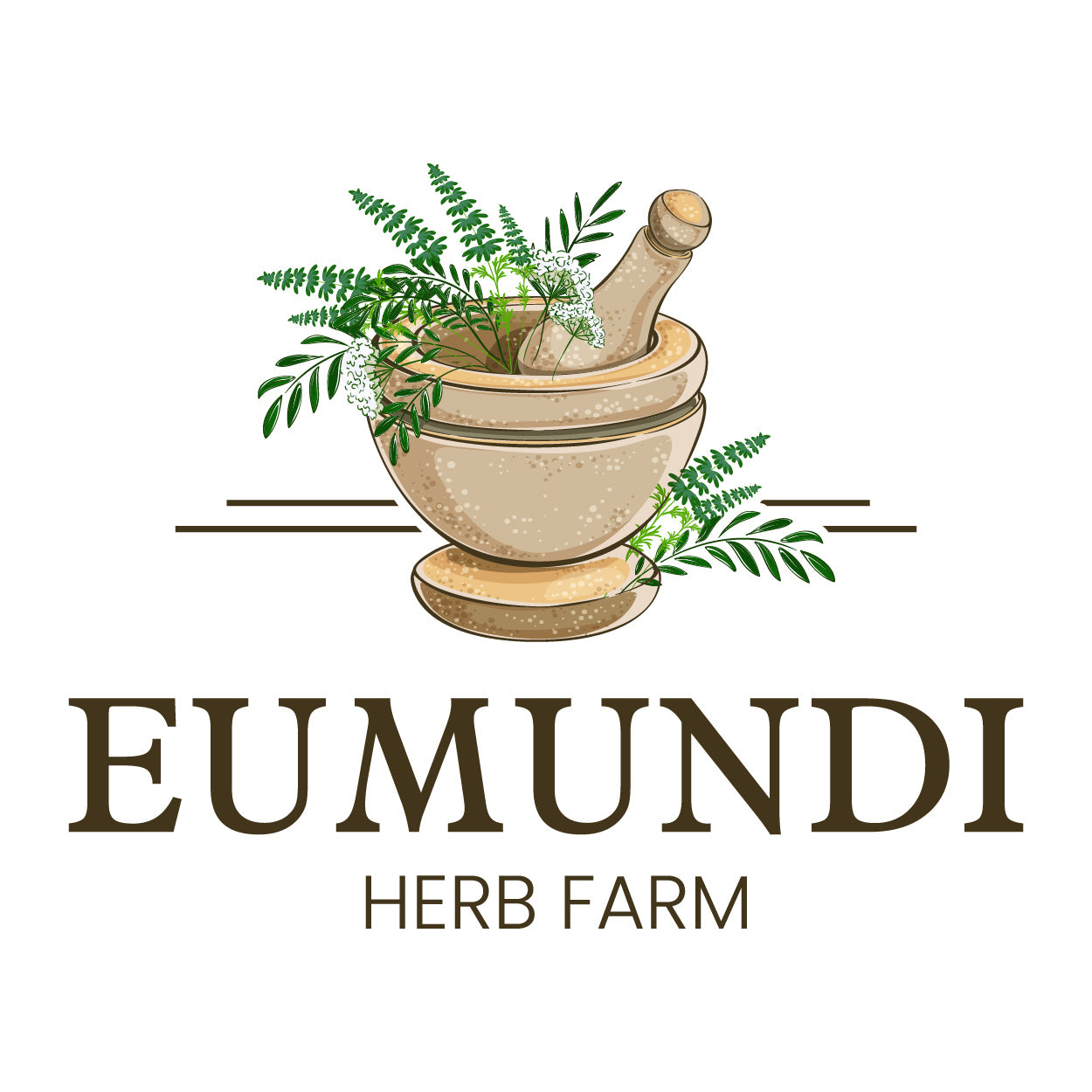 Logo of Eumundi Herb Farm featuring a mortar and pestle with herbs on a white background.