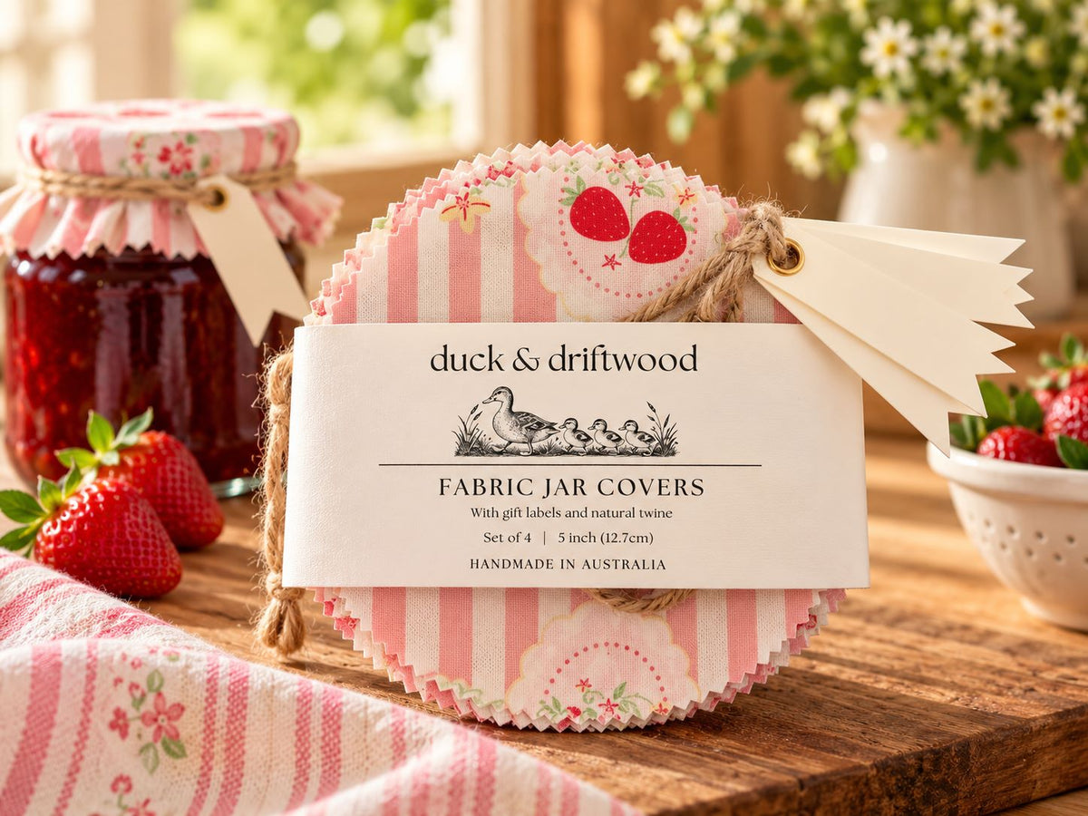 Fabric Jar Covers for traditional jam jars and canning jars. Handmade in Australia from cotton fabrics