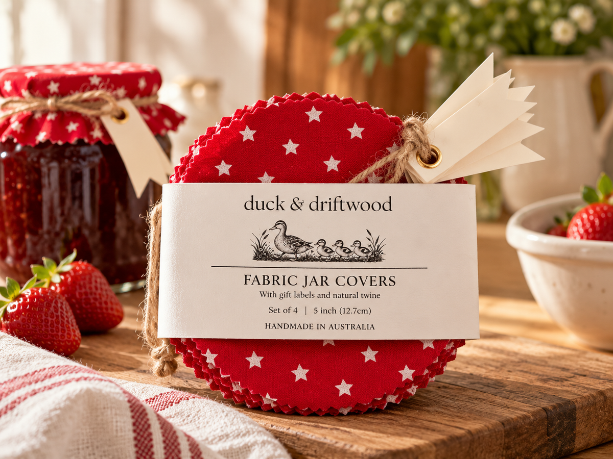 Fabric Jar Covers for traditional jam jars and canning jars. Handmade in Australia from cotton fabrics