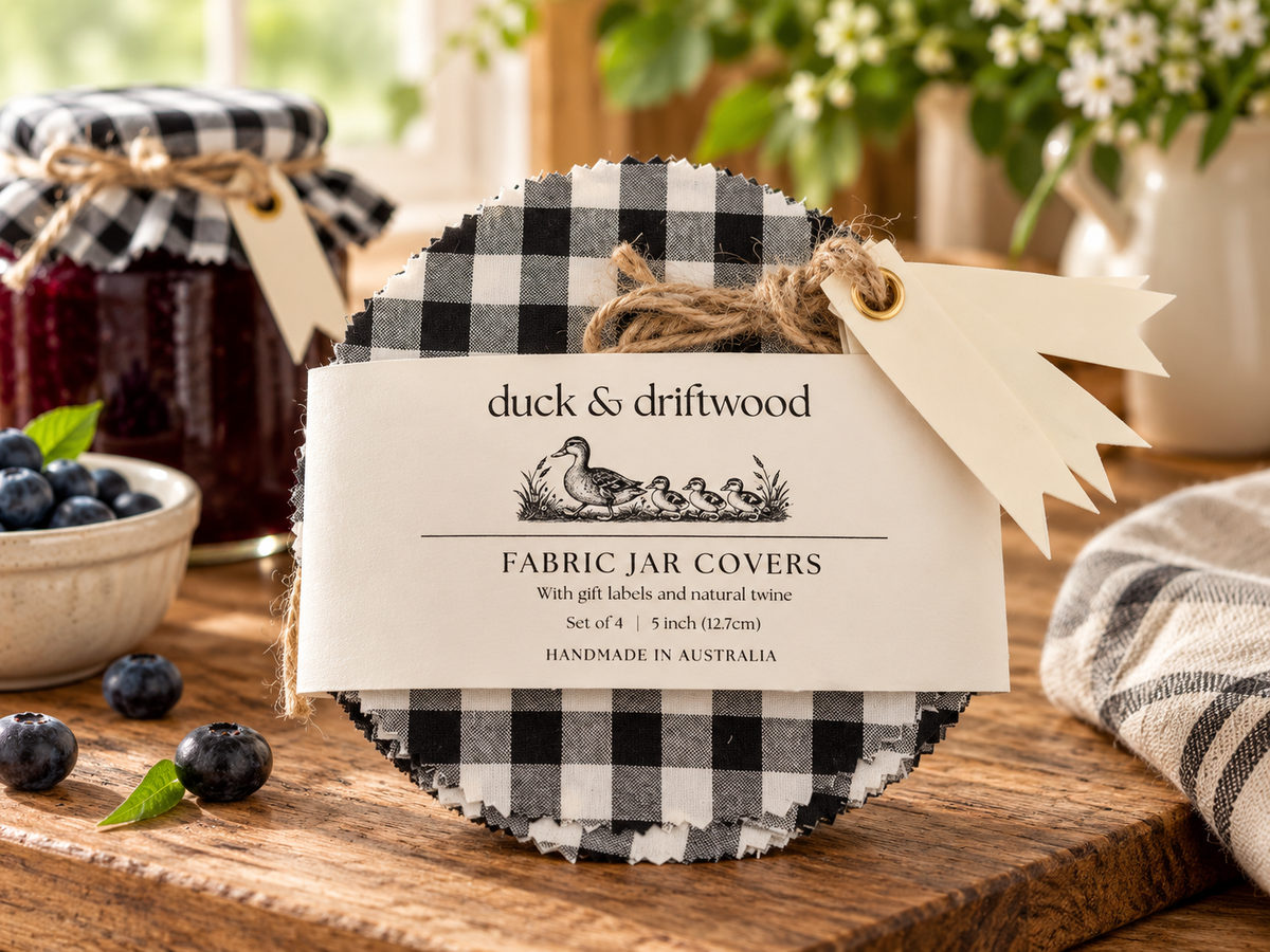 Fabric Jar Covers for traditional jam jars and canning jars. Handmade in Australia from cotton fabrics