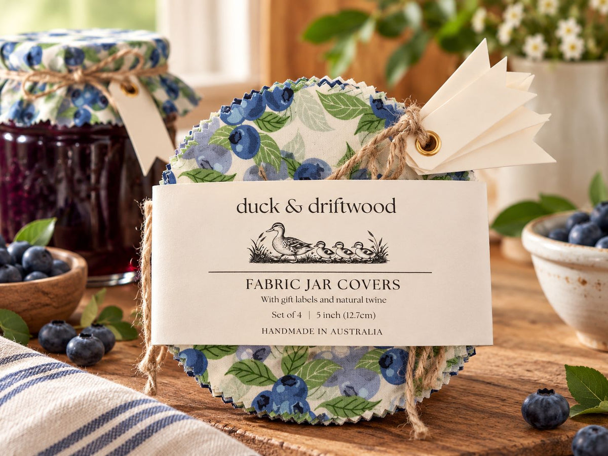 Fabric Jar Covers for traditional jam jars and canning jars. Handmade in Australia from cotton fabrics