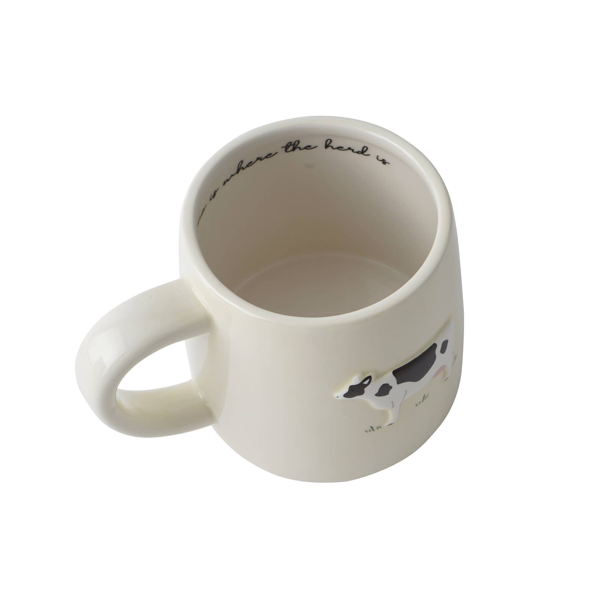 White mug with a cow illustration and text on a white background