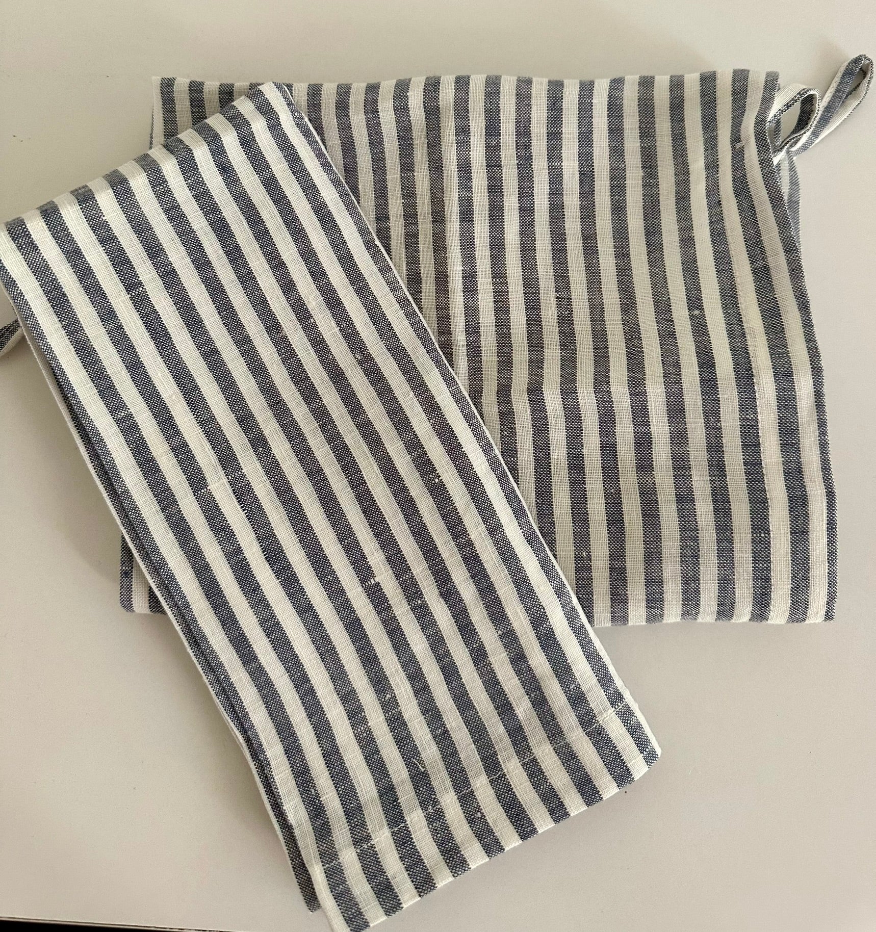 Tea Towel Set | Blue Duck Stripes | Two x French Linen Tea Towels