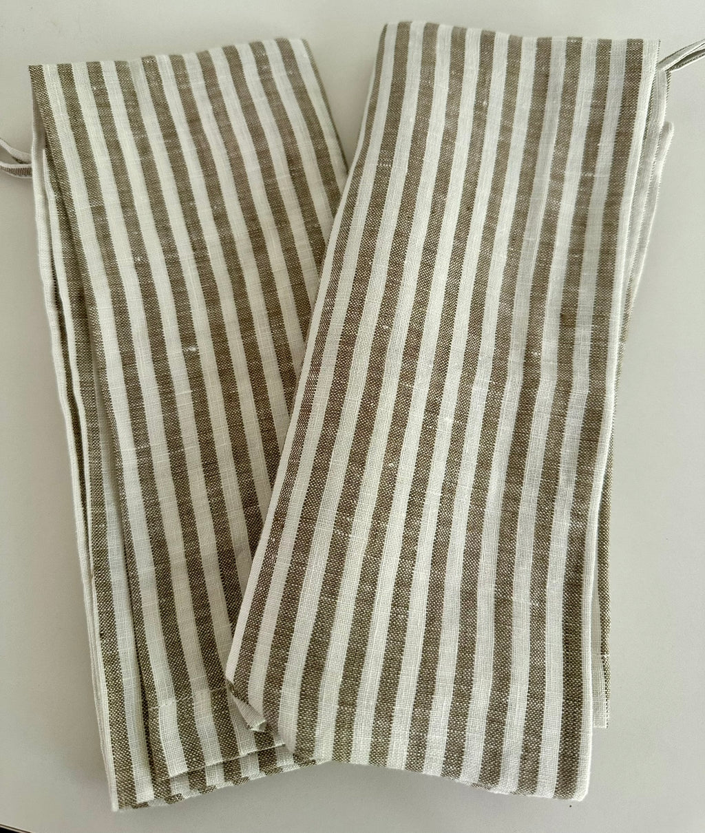 French Linen Tea Towel | Olive Pinstripe