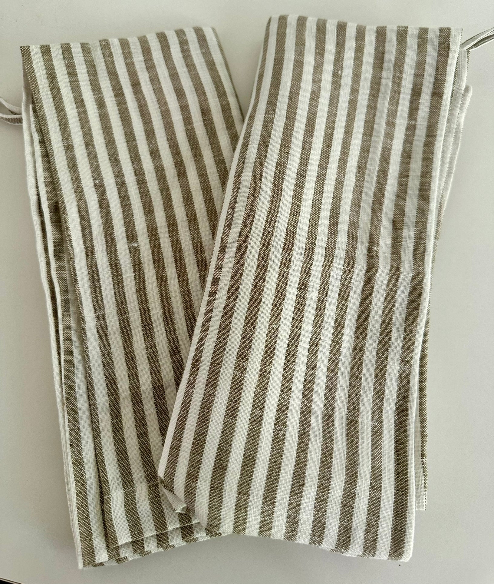 French Linen Tea Towel | Olive Pinstripe