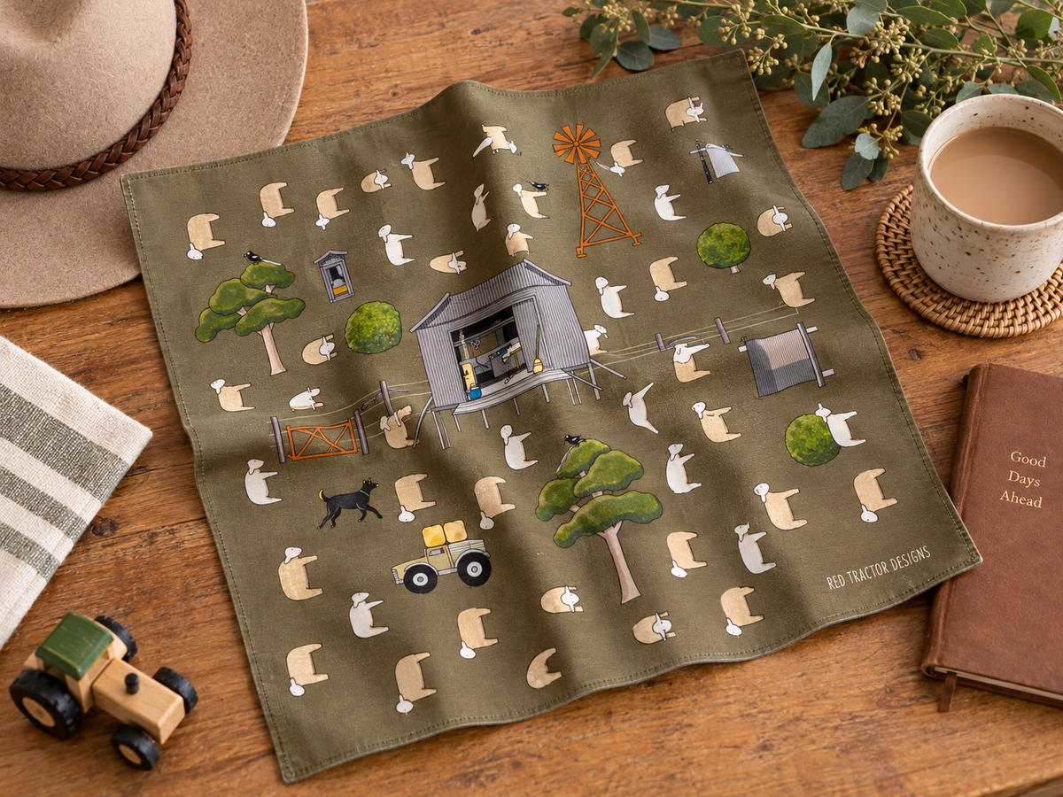 Handkerchief cotton. Australian farming and sheep shearing theme