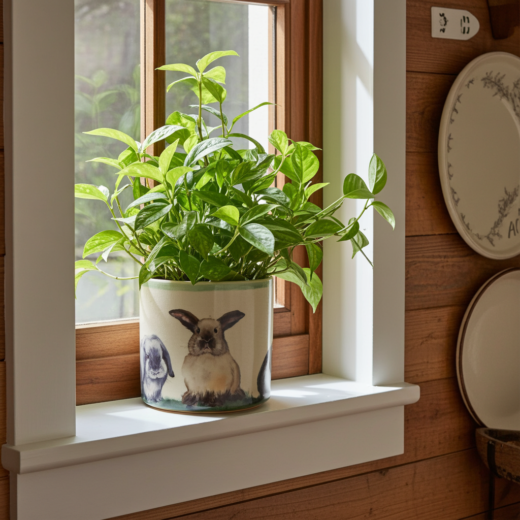 Indoor ceramic pot with rabbits and bunnies theme