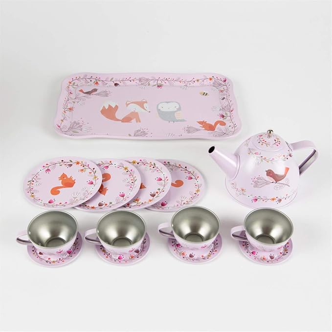 Children's enamel  tea set with pink teapot, cups, and saucers on a white background