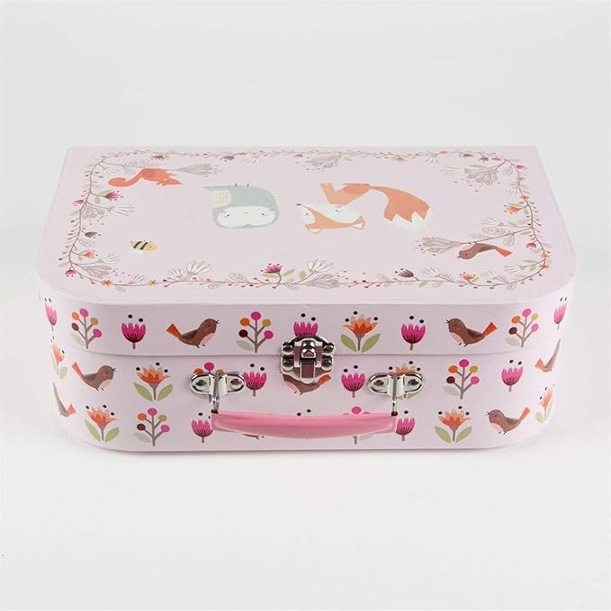Childrens tea set box with animal and floral patterns on a light pink background
