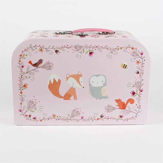 Pink suitcase with animal illustrations on a white background