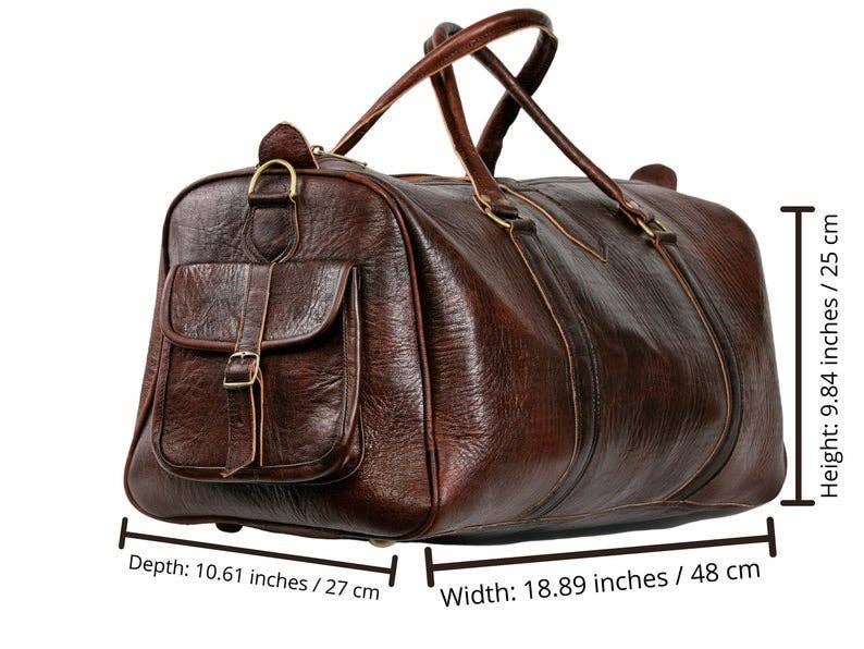 Brown leather duffel bag with measurements on a white background