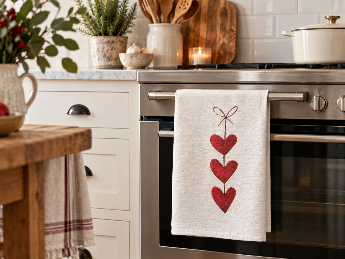 Cotton flour sack style tea towel with string of hearts at the eumundi trading co