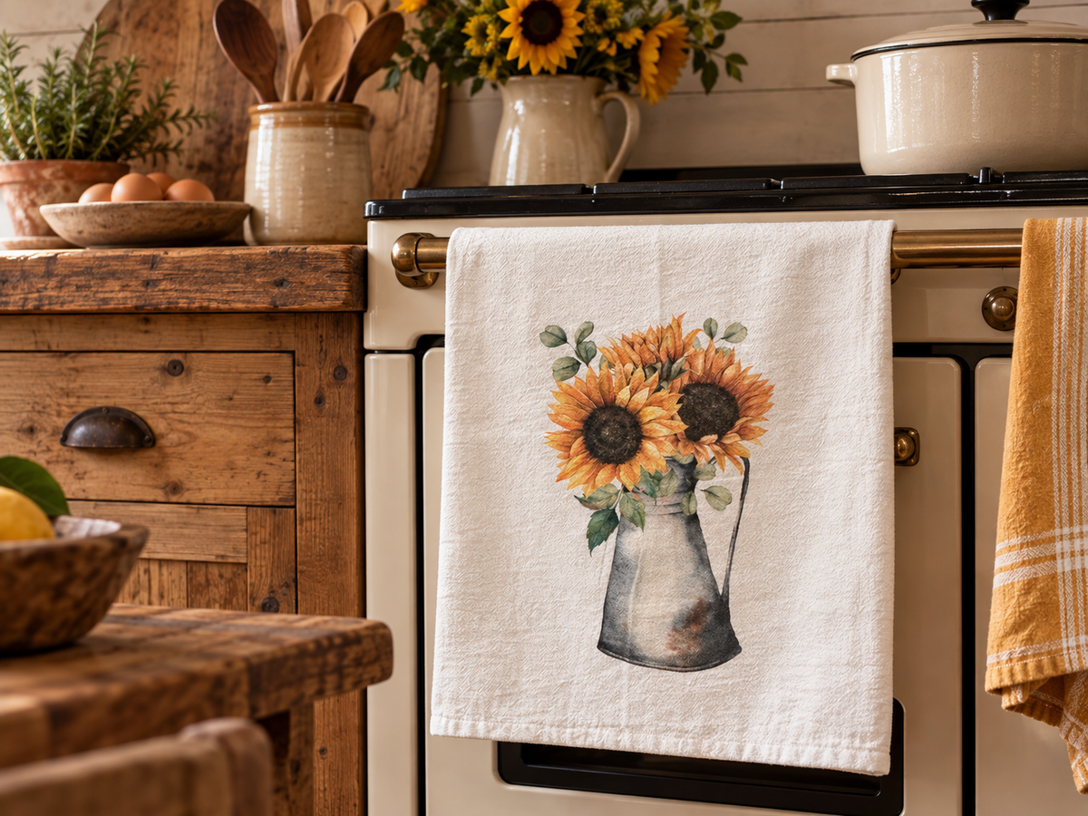 cotton tea towel flour sack style sunflowers
