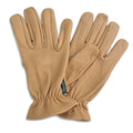 Pair of tan gloves on a white background