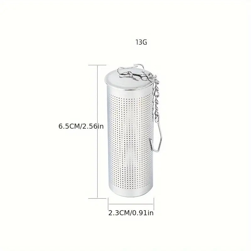 Silver tea infuser with dimensions on a white background